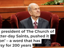 Russell Nelson, center, sits during the Church of Jesus Christ of Latter-day Saints’ biannual General Conference in Salt Lake City in 2019. George Frey/Getty Images